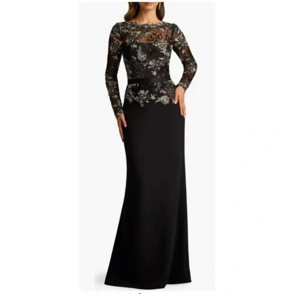 COPY - Tadashi Shoji Black Silver Floral Lace Embroidery Long Sleeve Gown